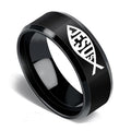 Black ring with 'Jesus' engraving on a white background