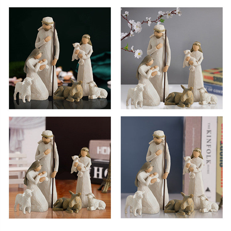 Collage of four images featuring a nativity scene figurine set on different backgrounds.
