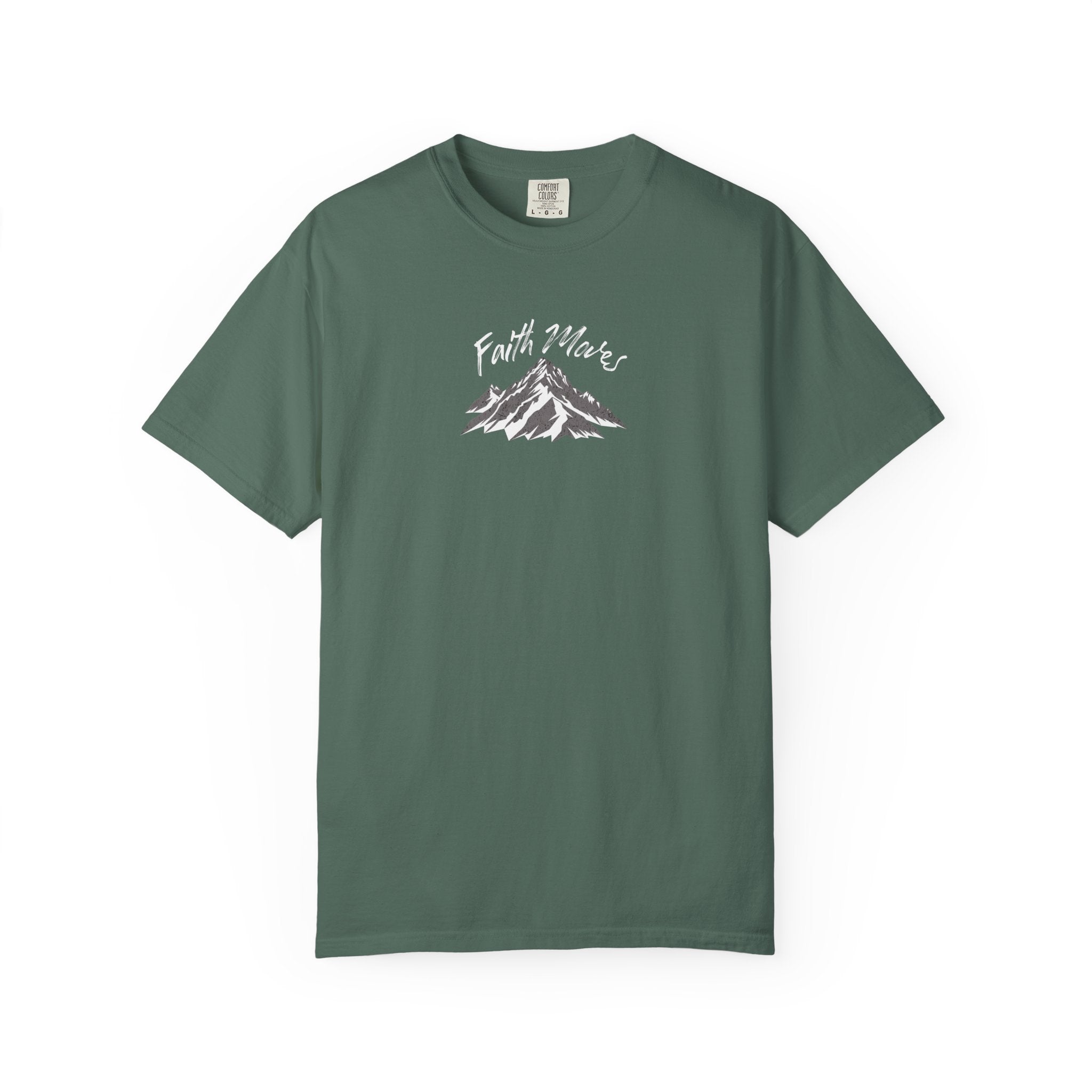 Green t-shirt with a small logo on a white background