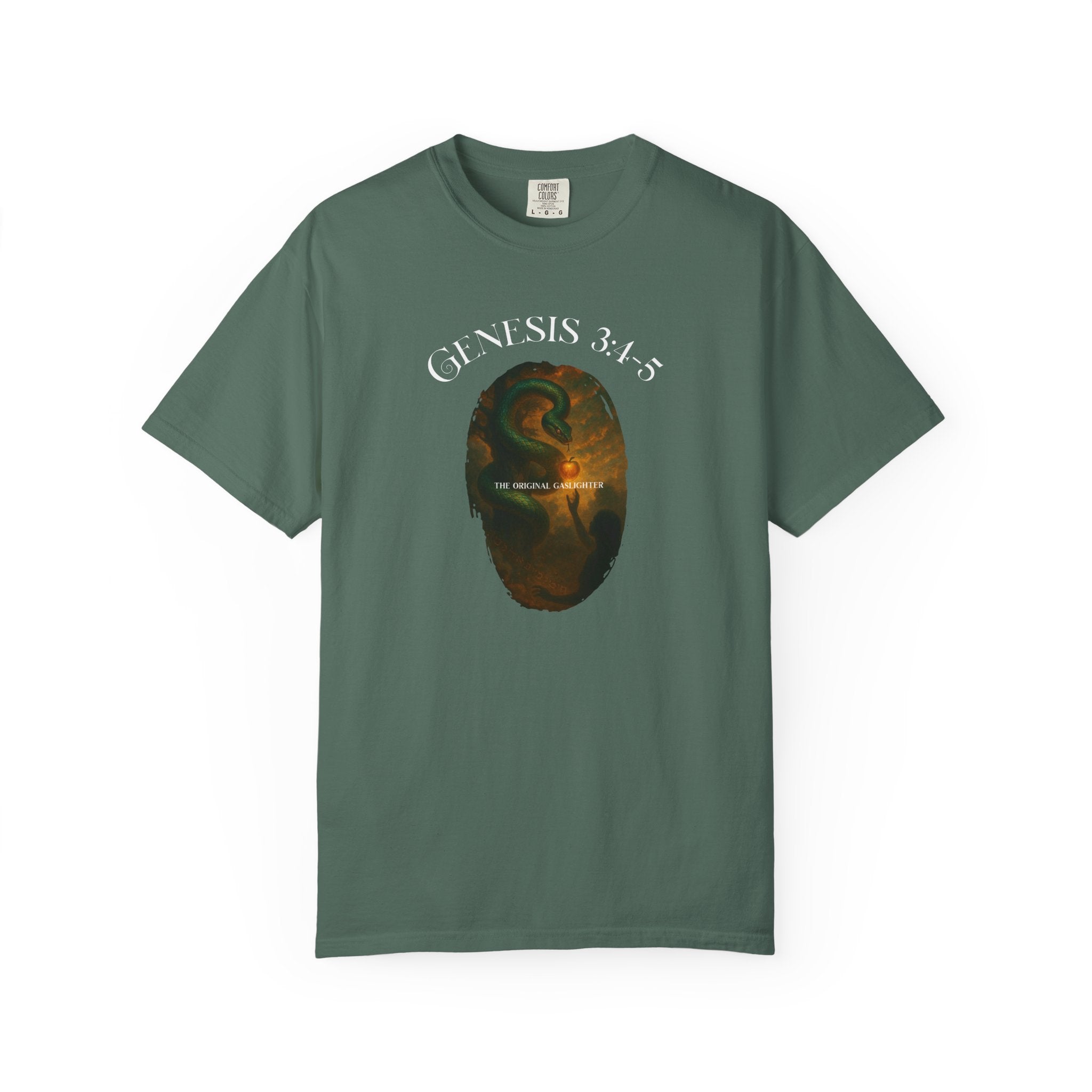 Green t-shirt with a graphic design and 'Genesis 3:15' text on a white background