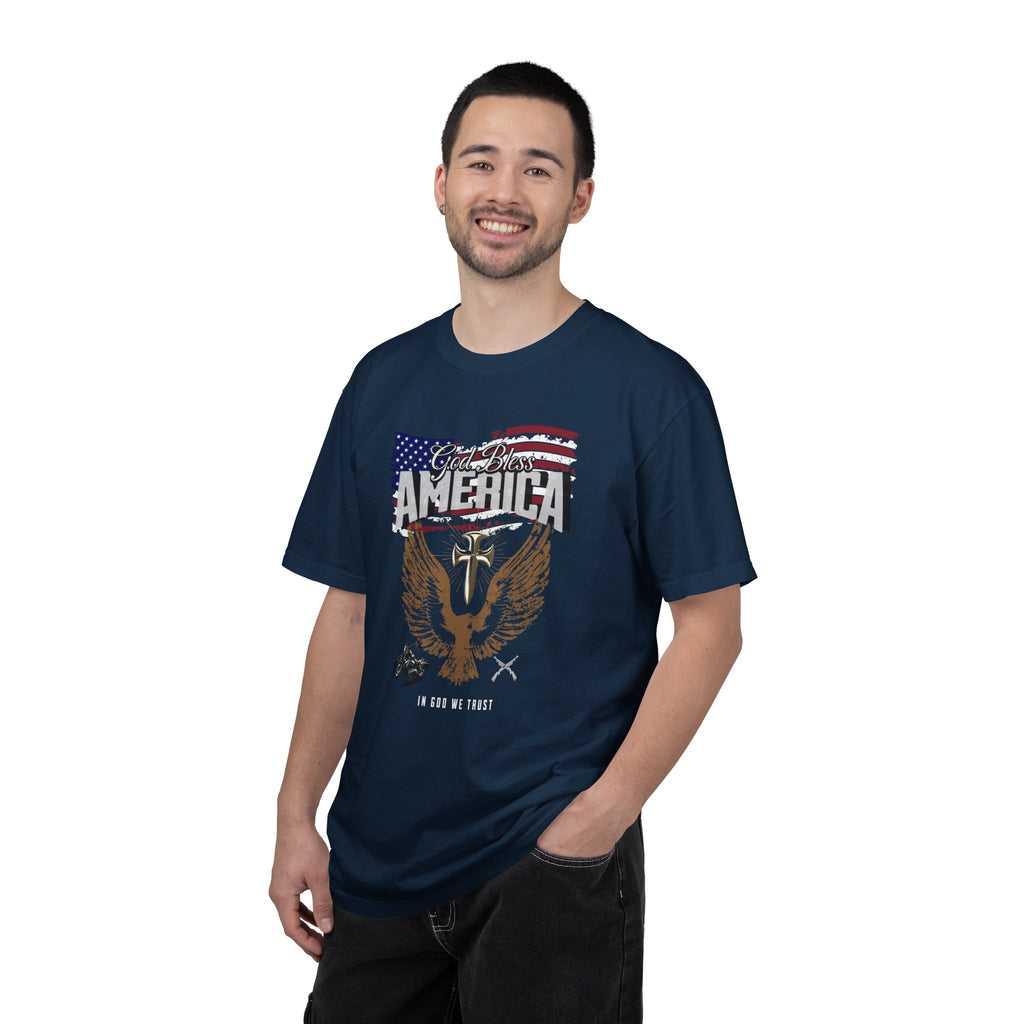 Man wearing a navy blue t-shirt with an eagle and American flag design on a white background