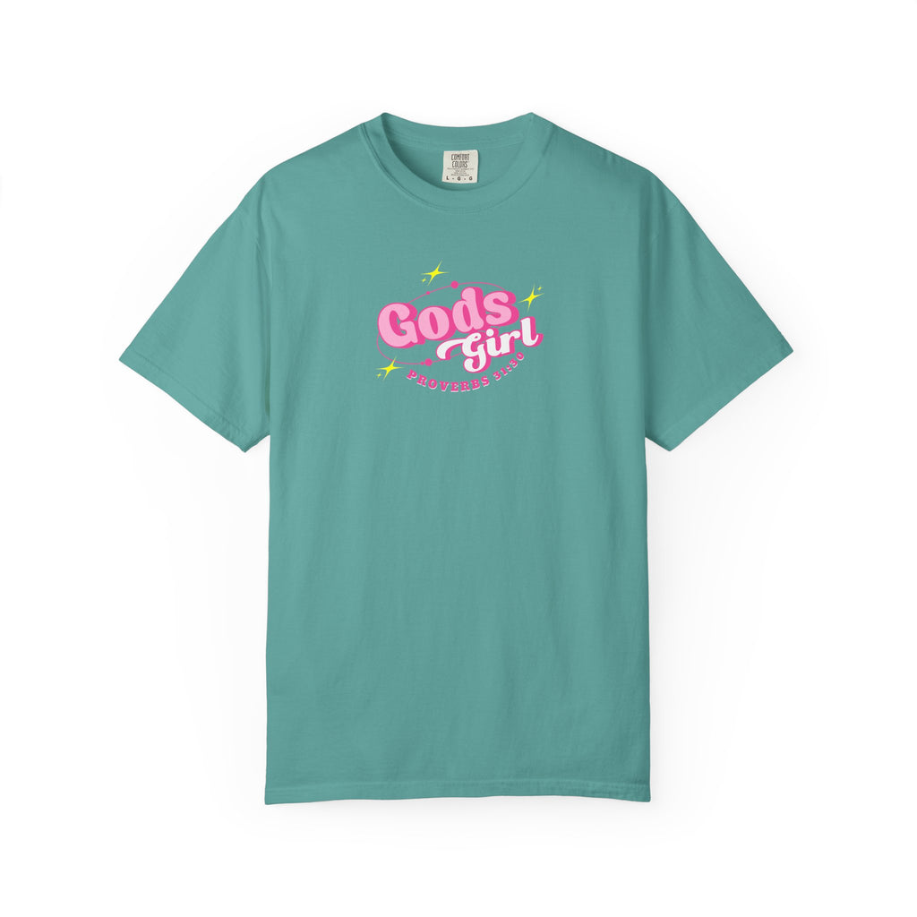 Teal t-shirt with a small white logo on a white background