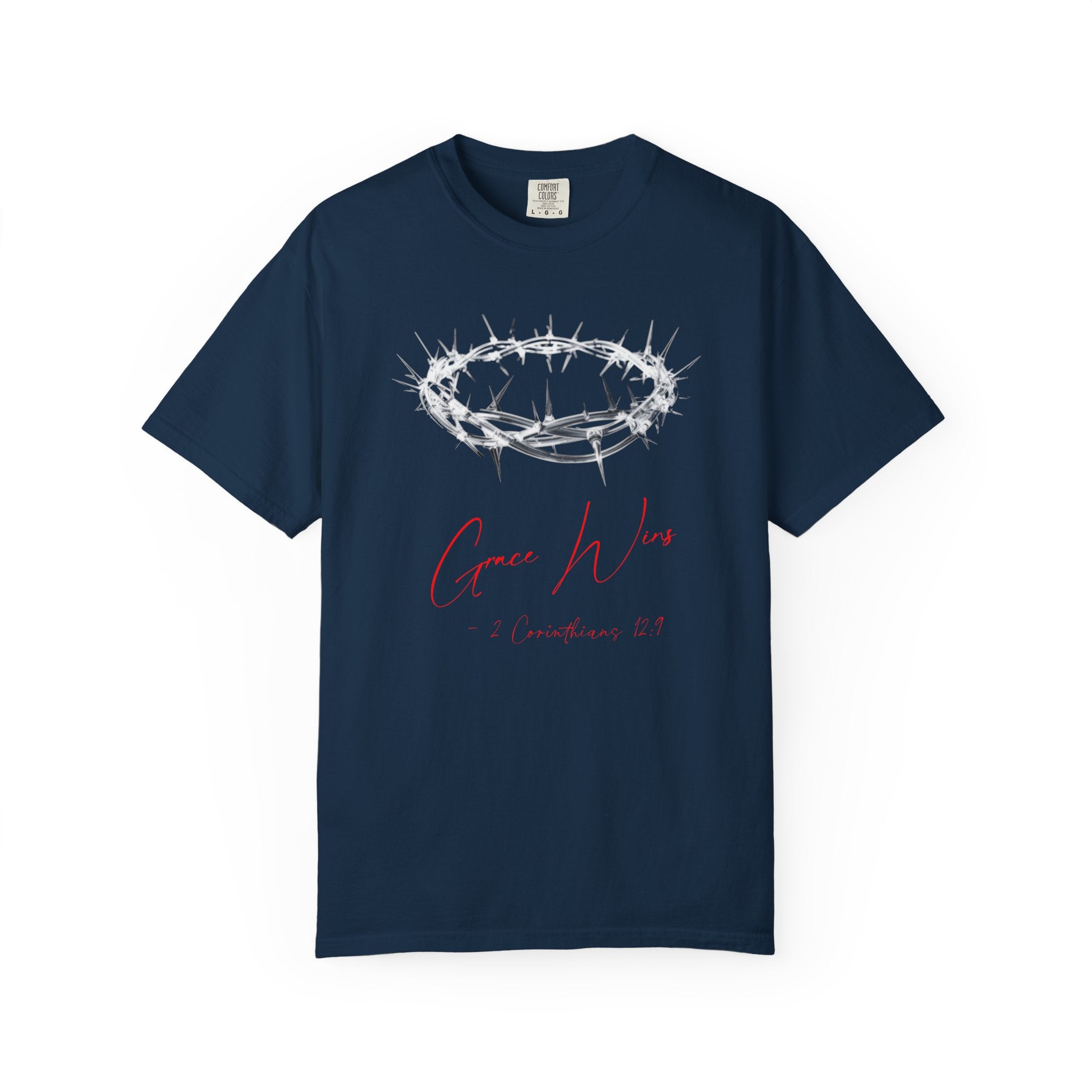 Navy blue t-shirt with a crown of thorns design and text on a white background