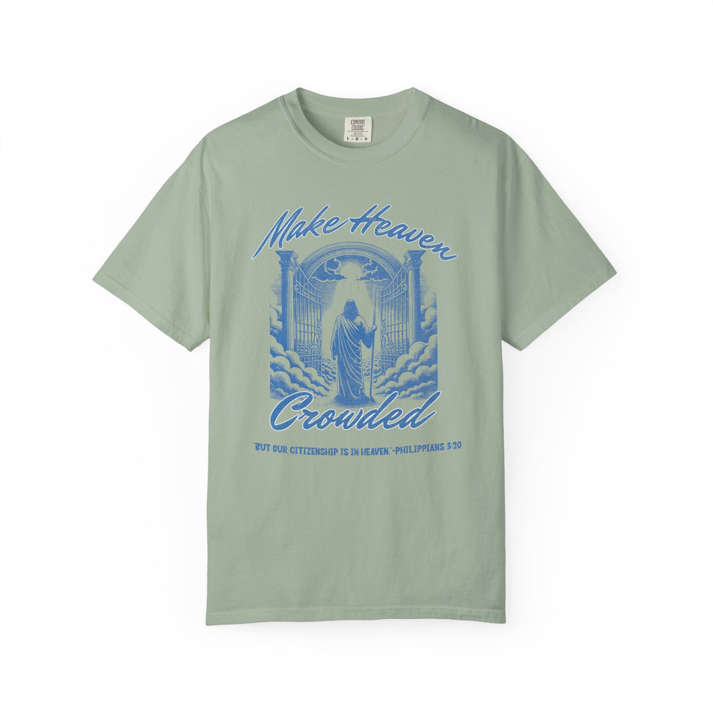 Green t-shirt with blue graphic and text on a white background