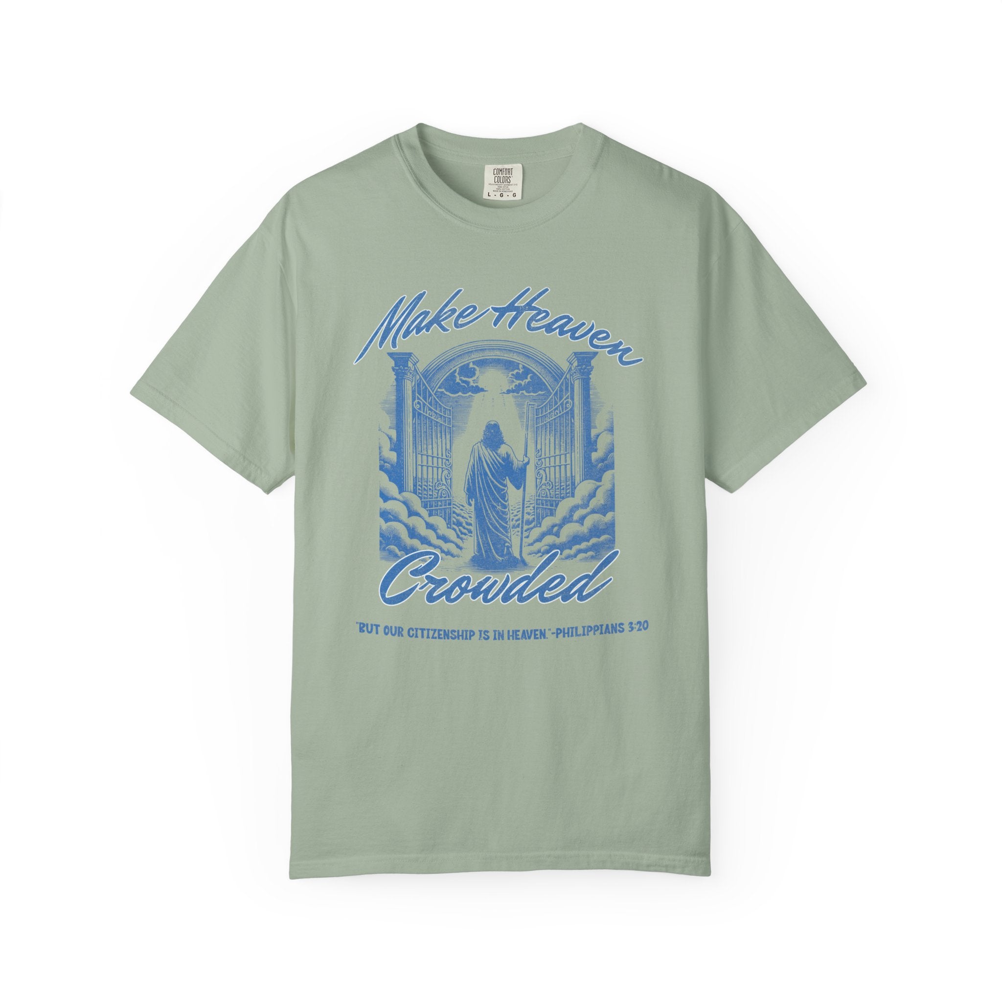 Green t-shirt with blue graphic and text on a white background
