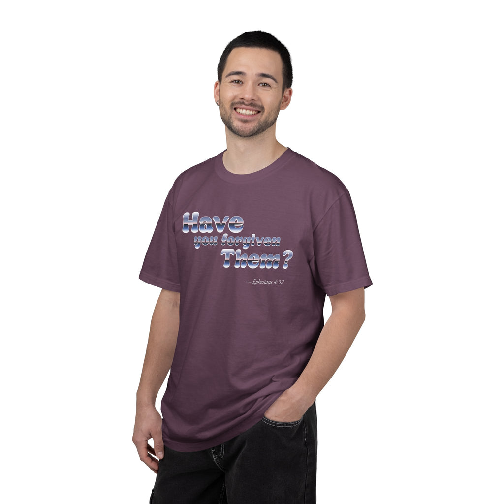 Man wearing a purple t-shirt with text on a white background