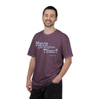 Man wearing a purple t-shirt with text on a white background