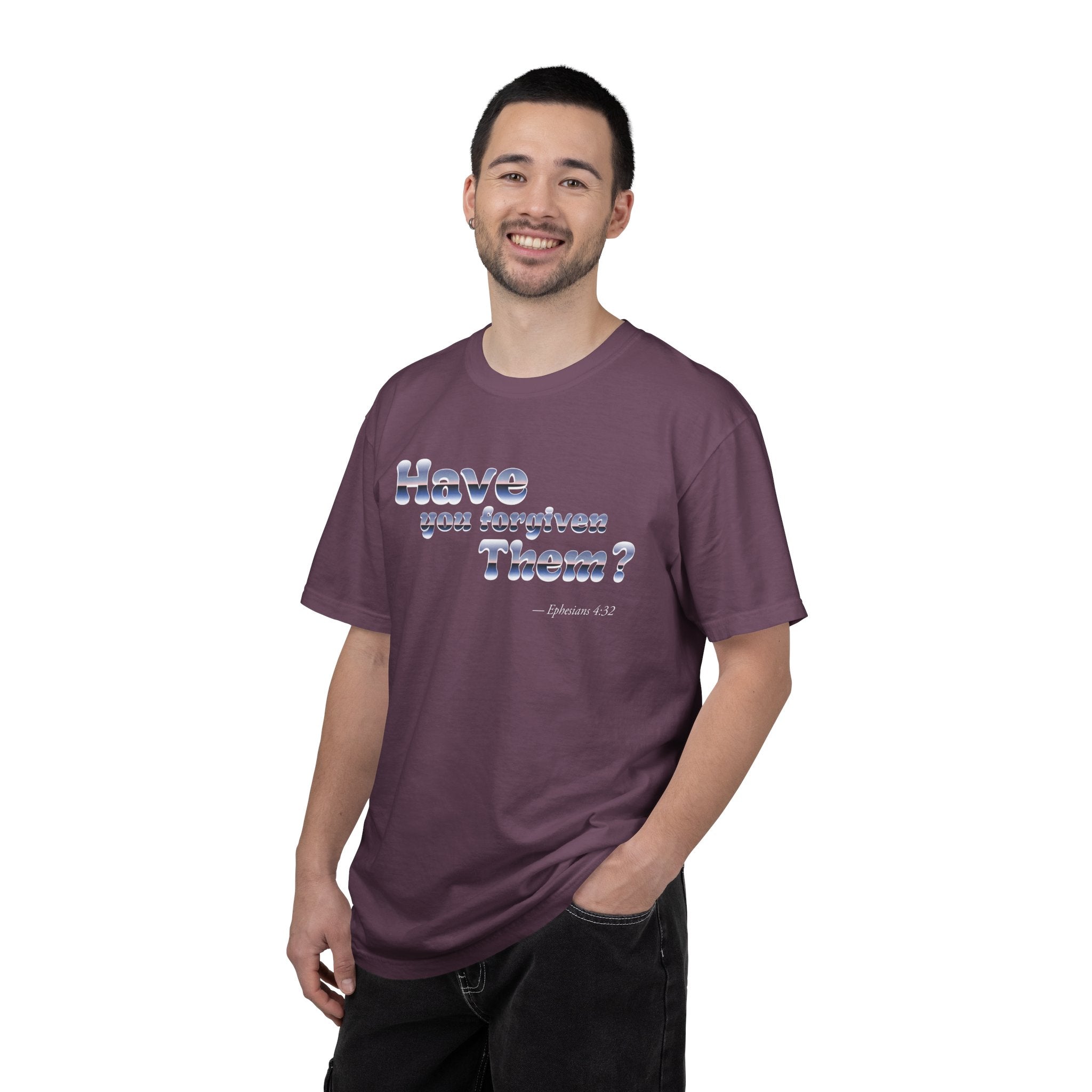 Man wearing a purple t-shirt with text on a white background