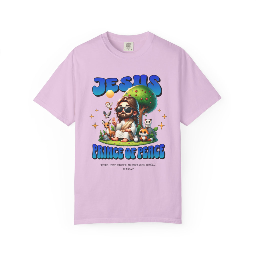 Pink t-shirt with cartoon Jesus design and text on a white background