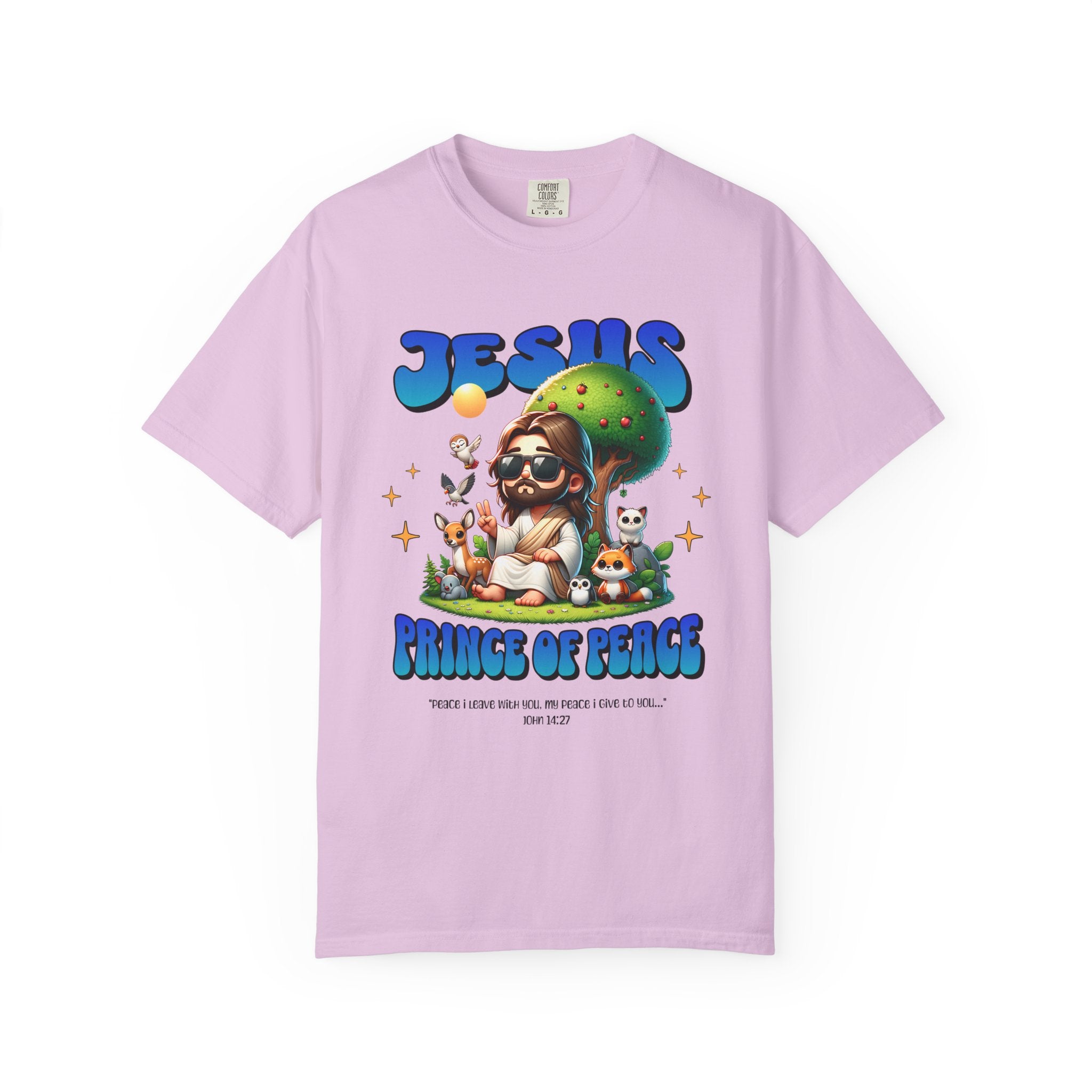 Pink t-shirt with cartoon Jesus design and text on a white background