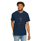 Man wearing a navy blue t-shirt with 'stay humble' text on a white background