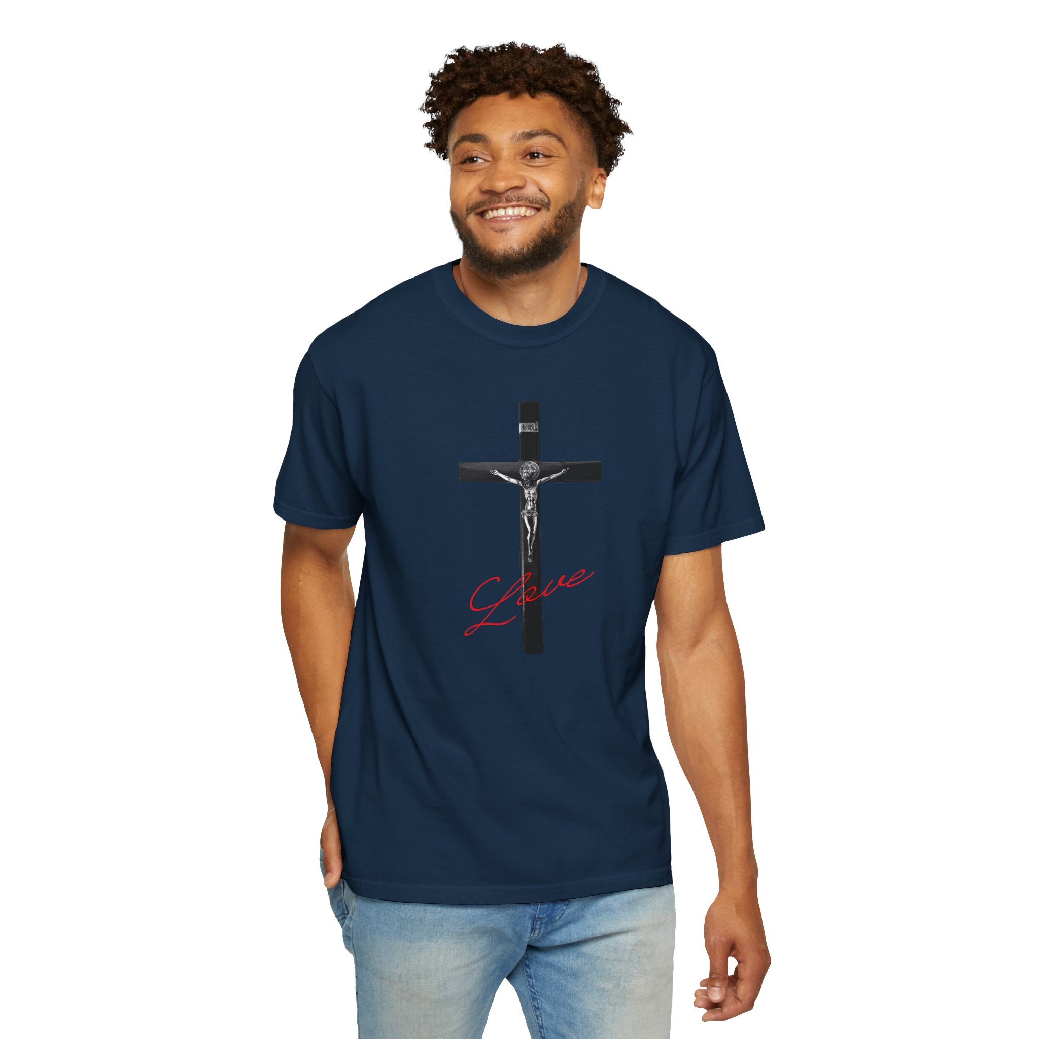 Man wearing a navy blue t-shirt with 'stay humble' text on a white background