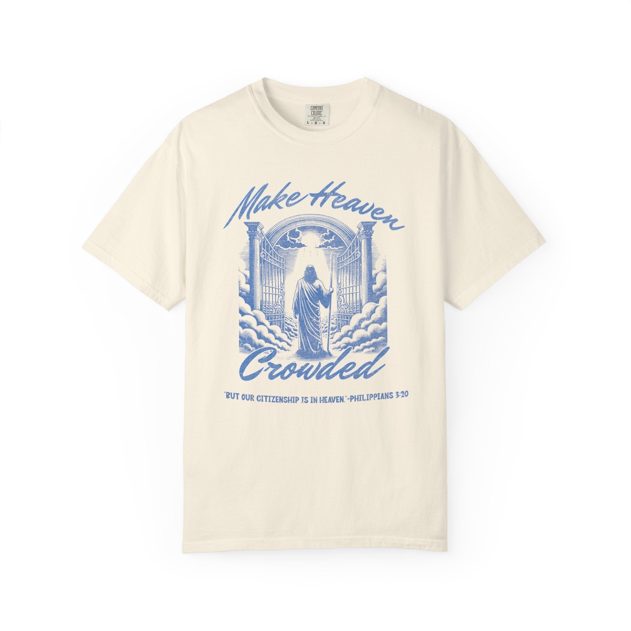 Beige t-shirt with blue graphic and text on a white background