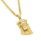 Gold necklace with a Jesus face pendant on a white background