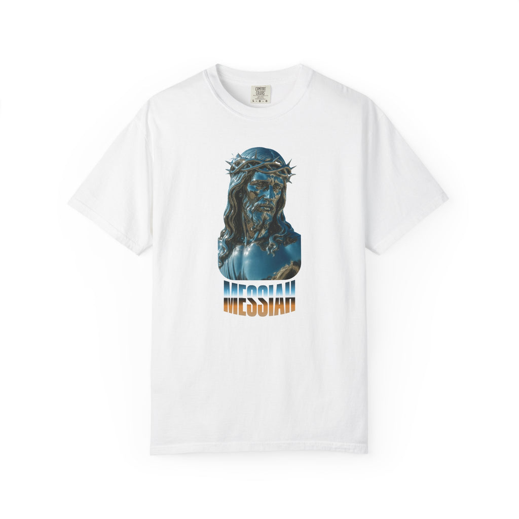 White t-shirt with a graphic of a religious figure and 'Messiah' text on a white background