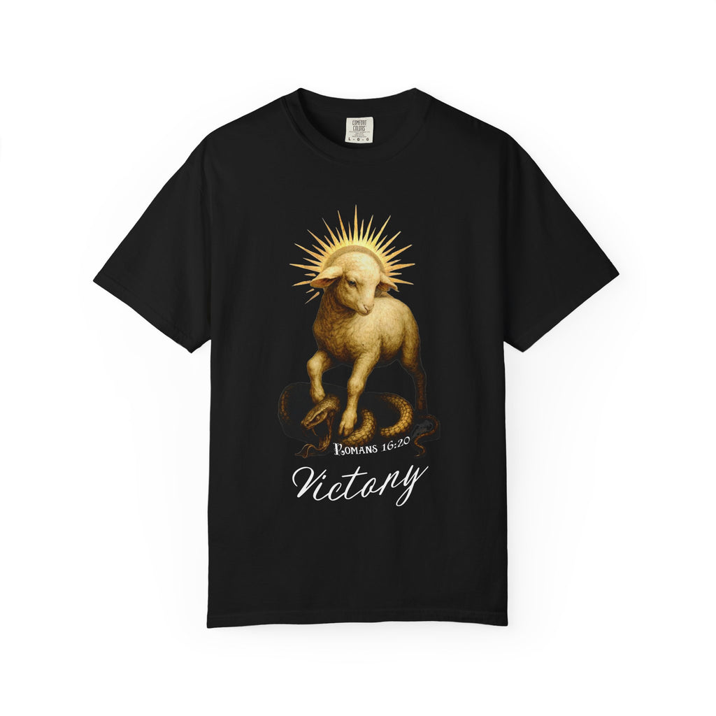 Black t-shirt with a lamb graphic and 'Victory' text on a white background