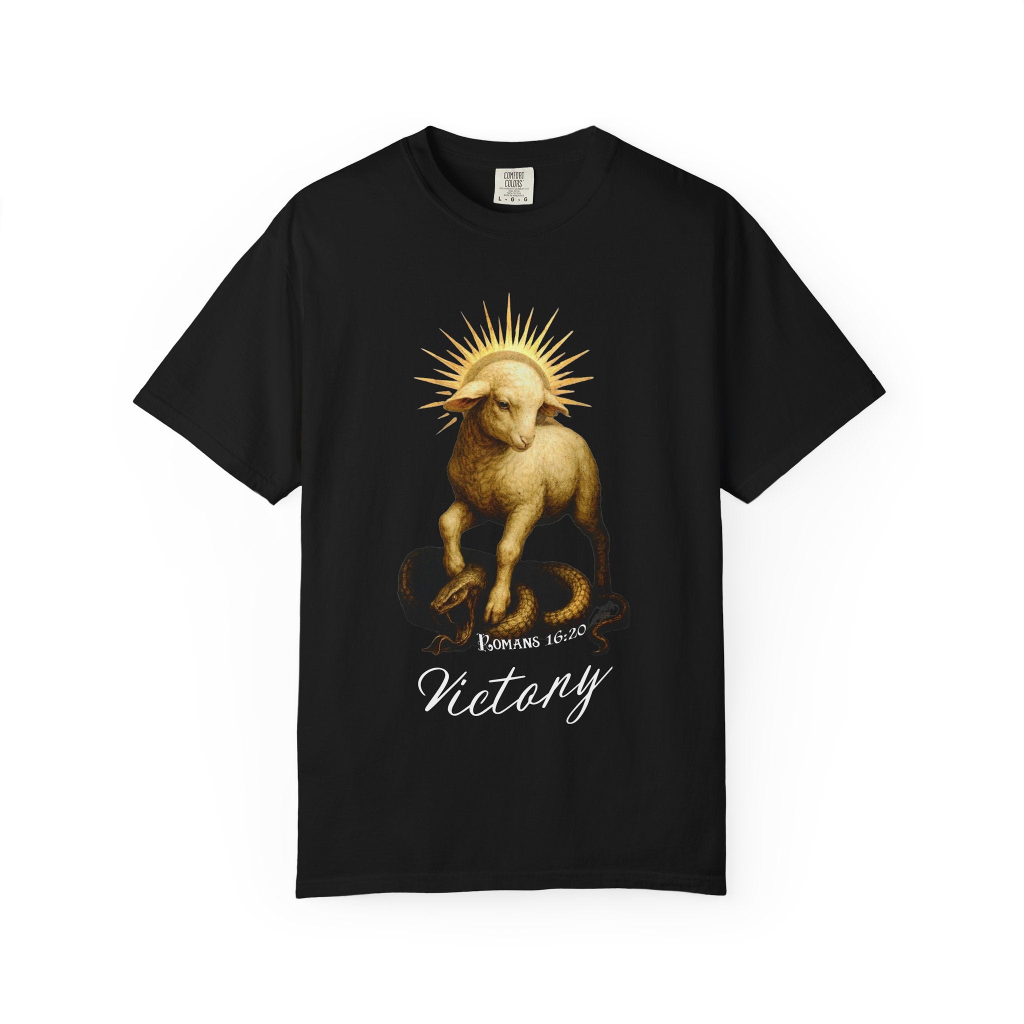 Black t-shirt with a lamb graphic and 'Victory' text on a white background