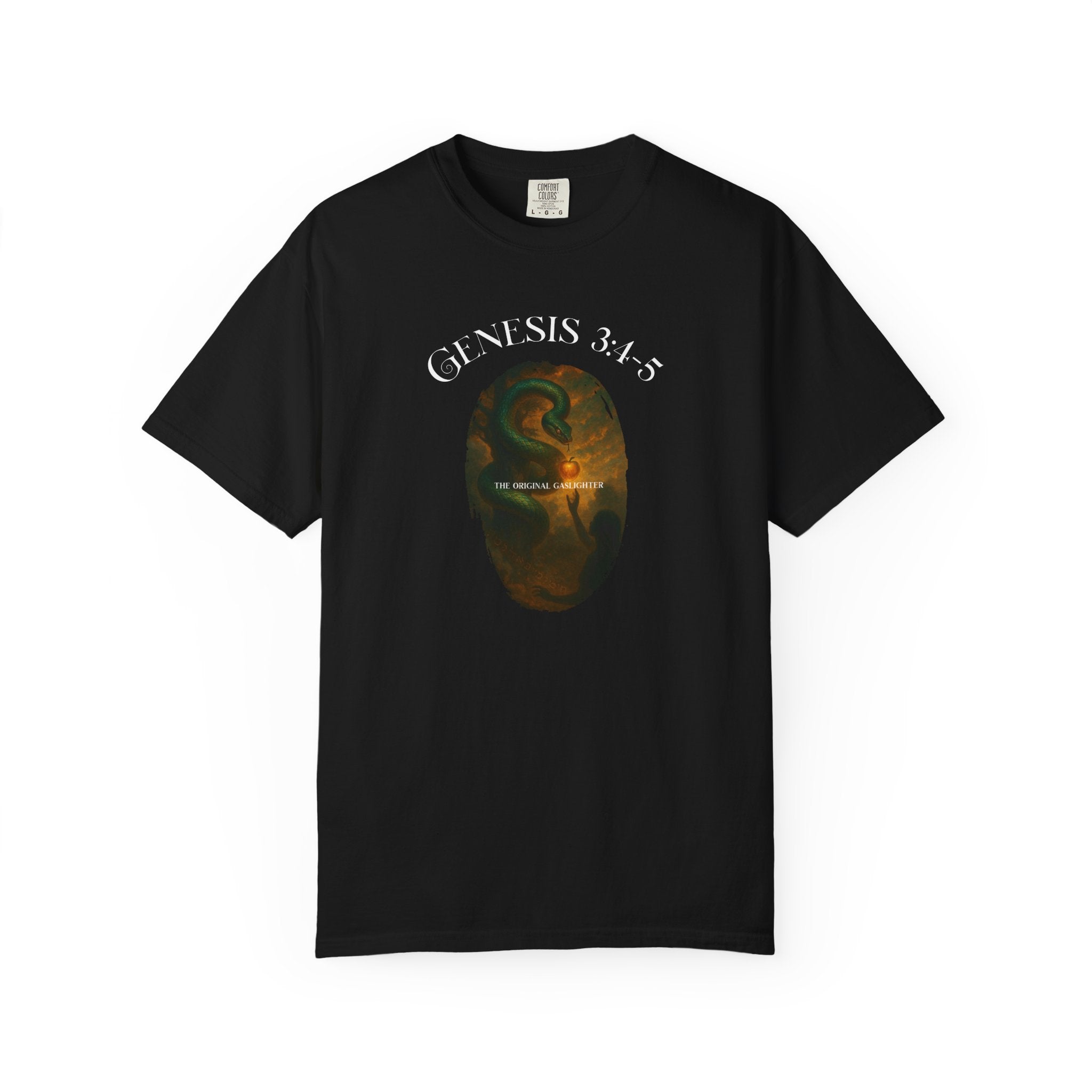 Black t-shirt with Genesis 34:5 graphic design on a white background