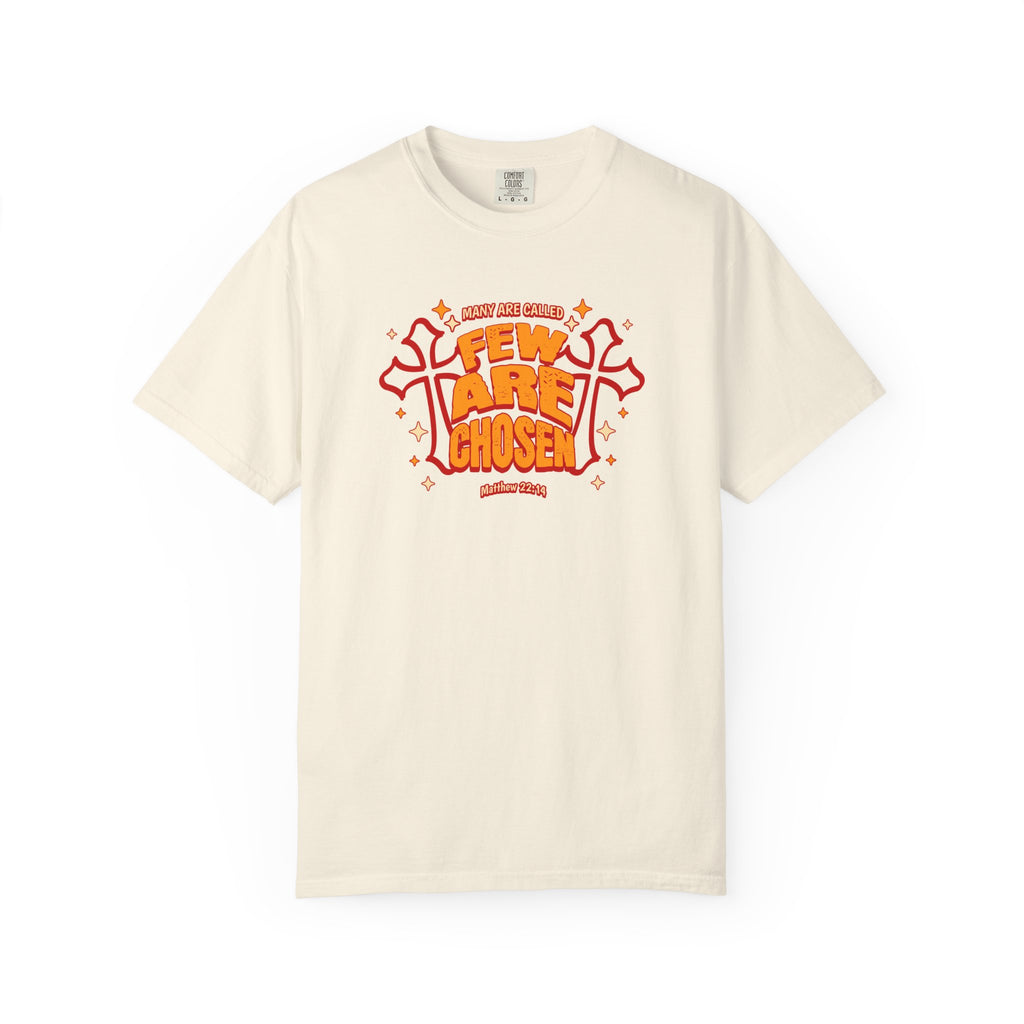 Beige t-shirt with red and black graphic design on a white background