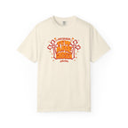 Beige t-shirt with red and black graphic design on a white background