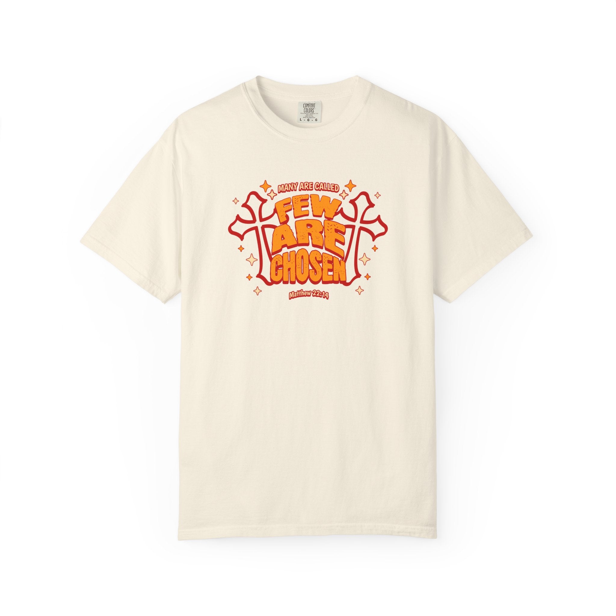 Beige t-shirt with red and black graphic design on a white background