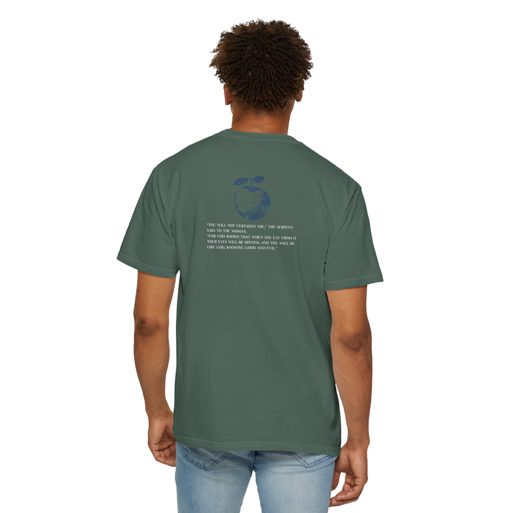 Person wearing a gray t-shirt with text on the back, standing against a white background