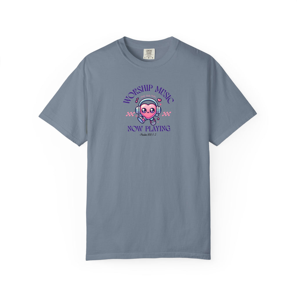 Gray t-shirt with 'Worship Music Now Playing' design on a white background