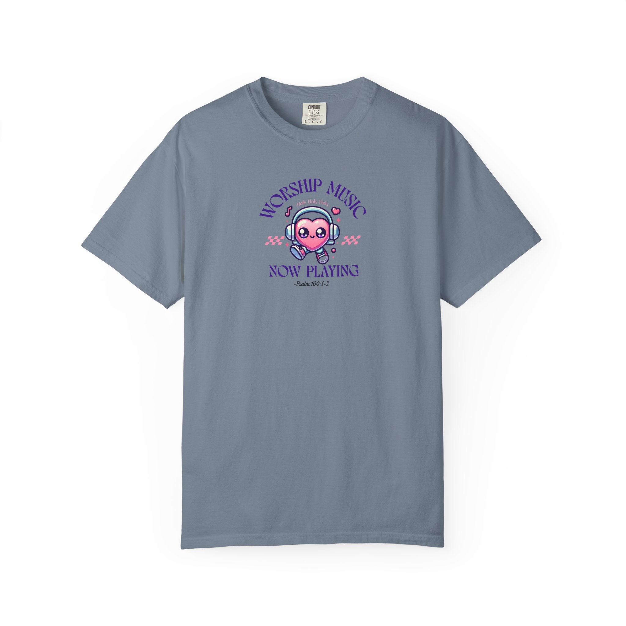 Gray t-shirt with 'Worship Music Now Playing' design on a white background