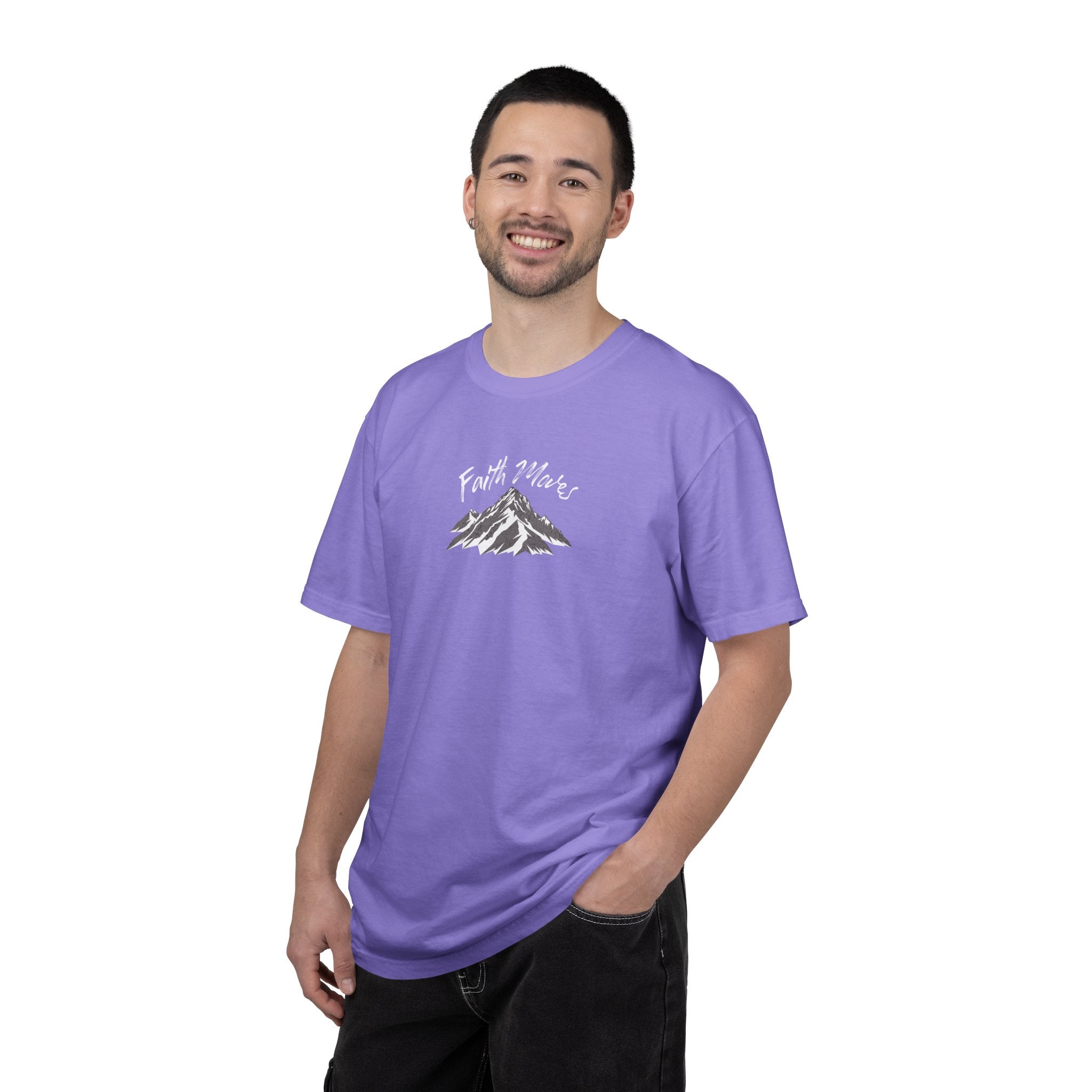 Man wearing a purple t-shirt with 'RN' on it against a white background