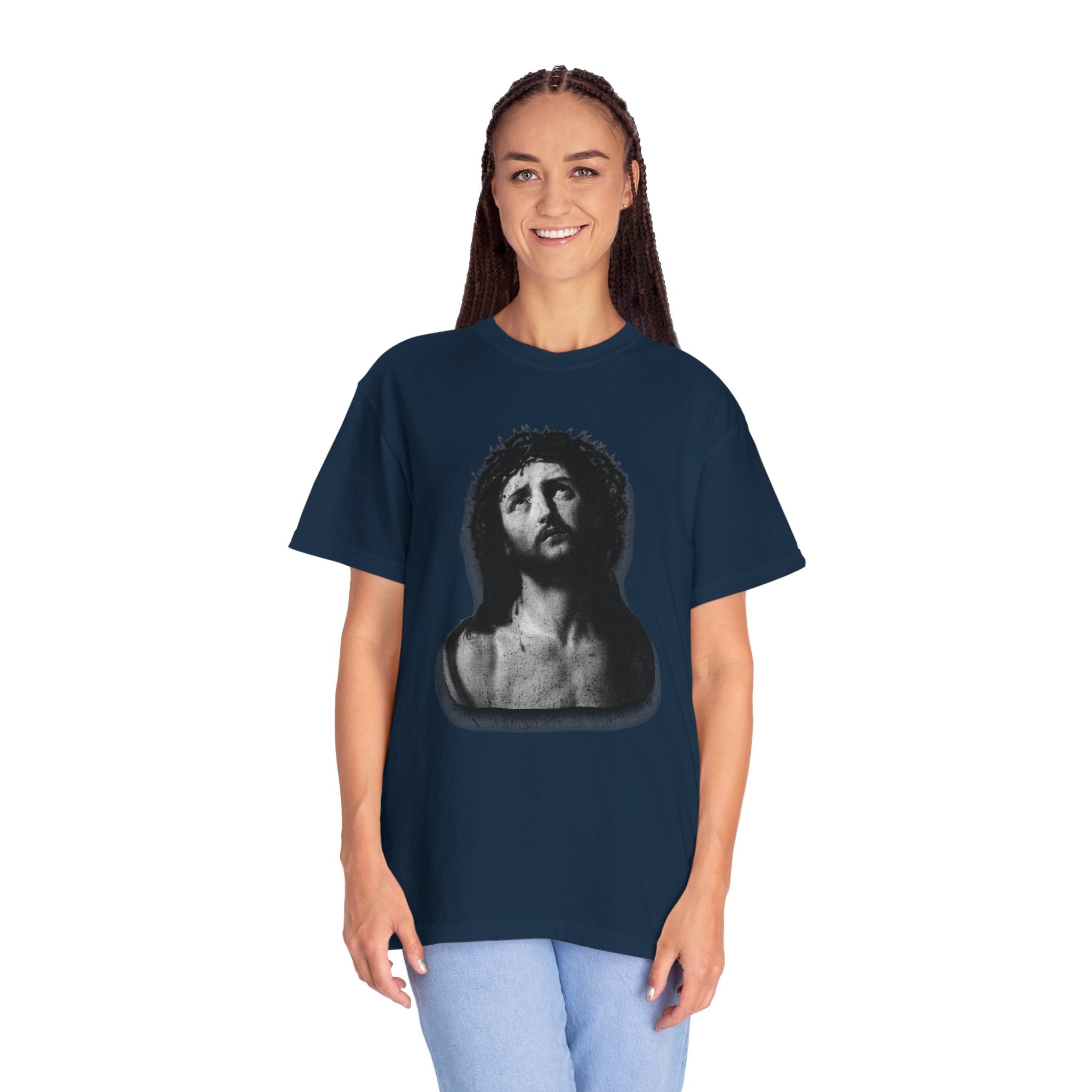 Person wearing a navy blue t-shirt with a graphic design on a white background