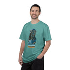 Man wearing a teal t-shirt with a graphic design on a white background