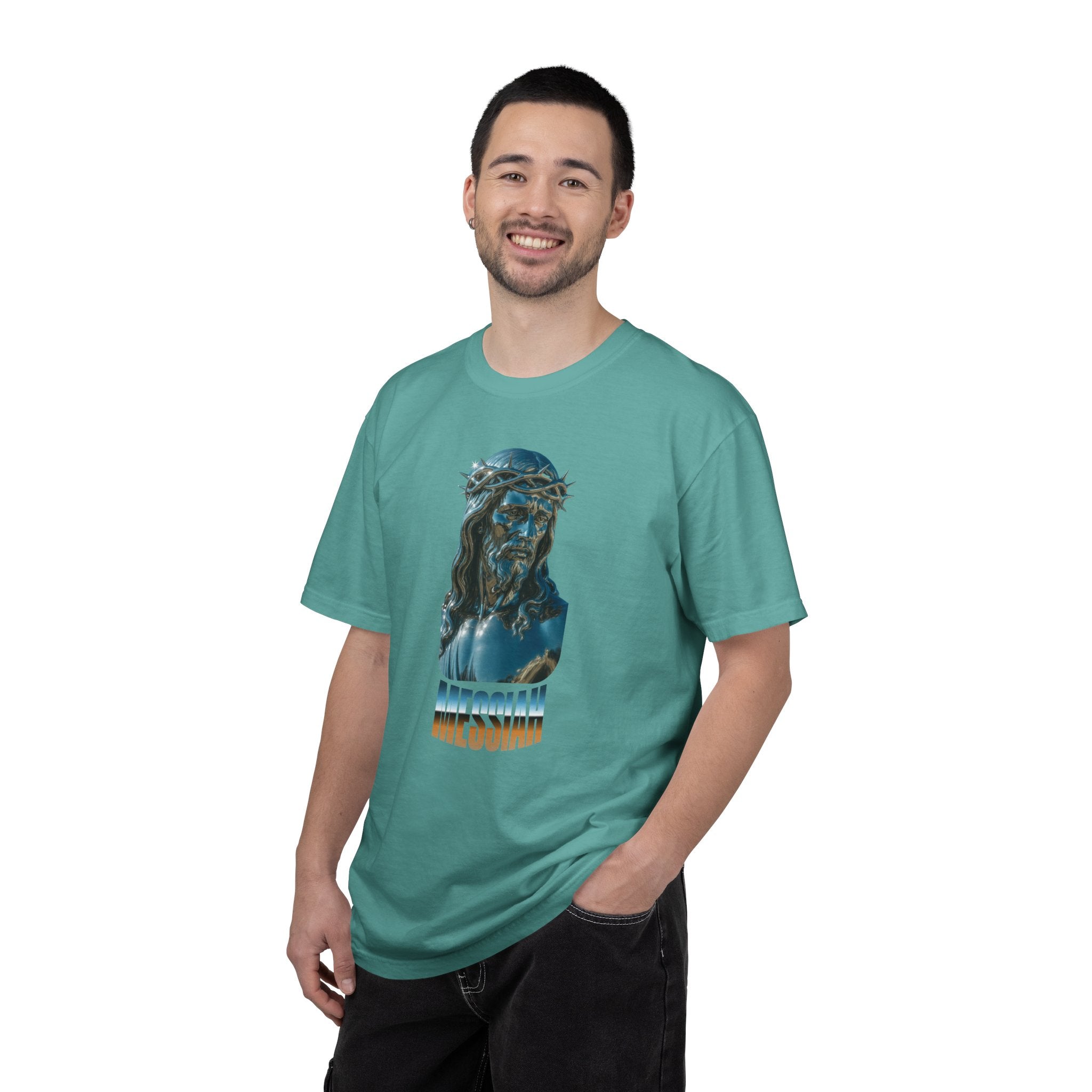 Man wearing a teal t-shirt with a graphic design on a white background