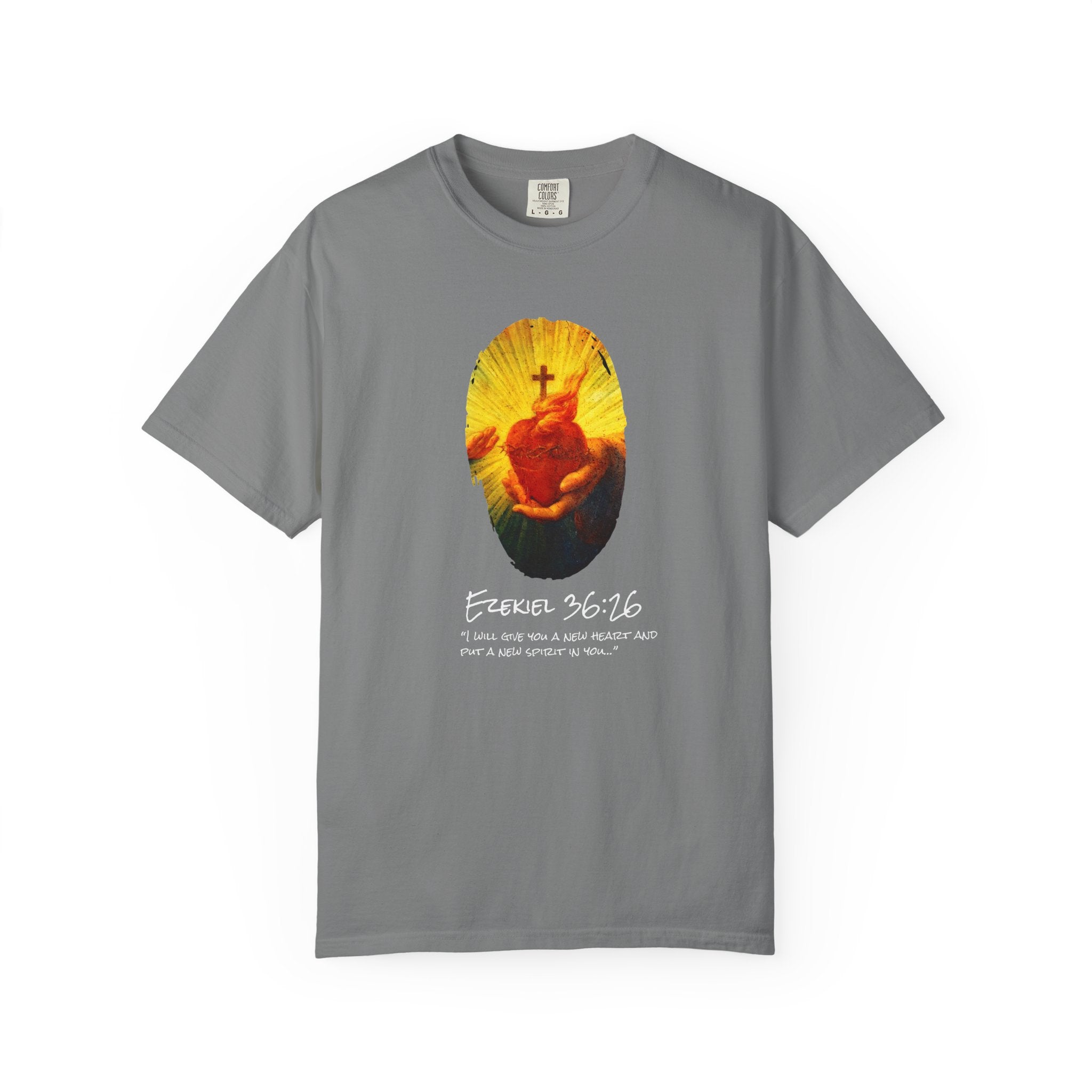 Gray t-shirt with a graphic design on a white background