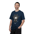 Man wearing a navy blue t-shirt with a graphic design on a white background
