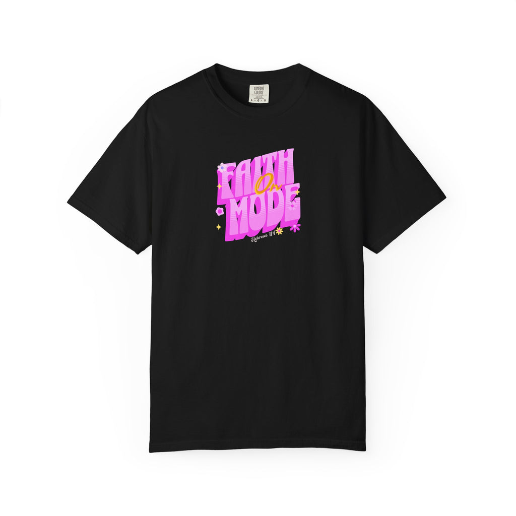 Black t-shirt with pink and yellow text on a white background