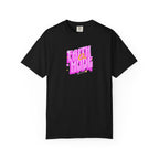 Black t-shirt with pink and yellow text on a white background