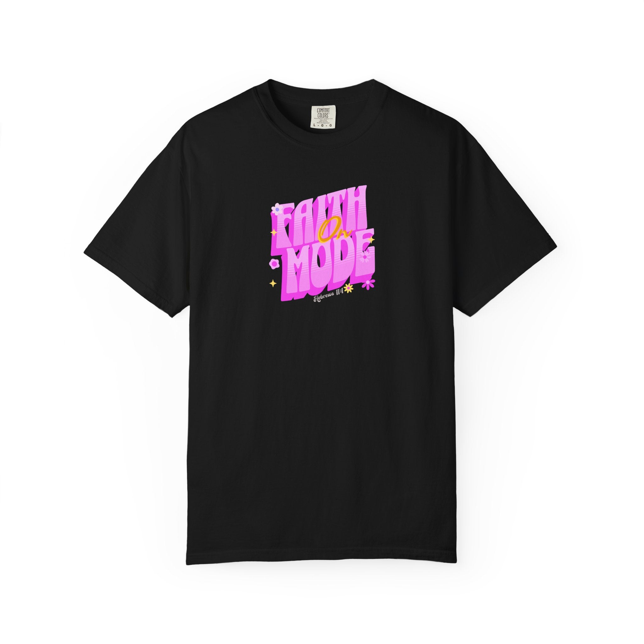 Black t-shirt with pink and yellow text on a white background