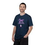 Man wearing a navy blue t-shirt with a humorous graphic and text on a white background