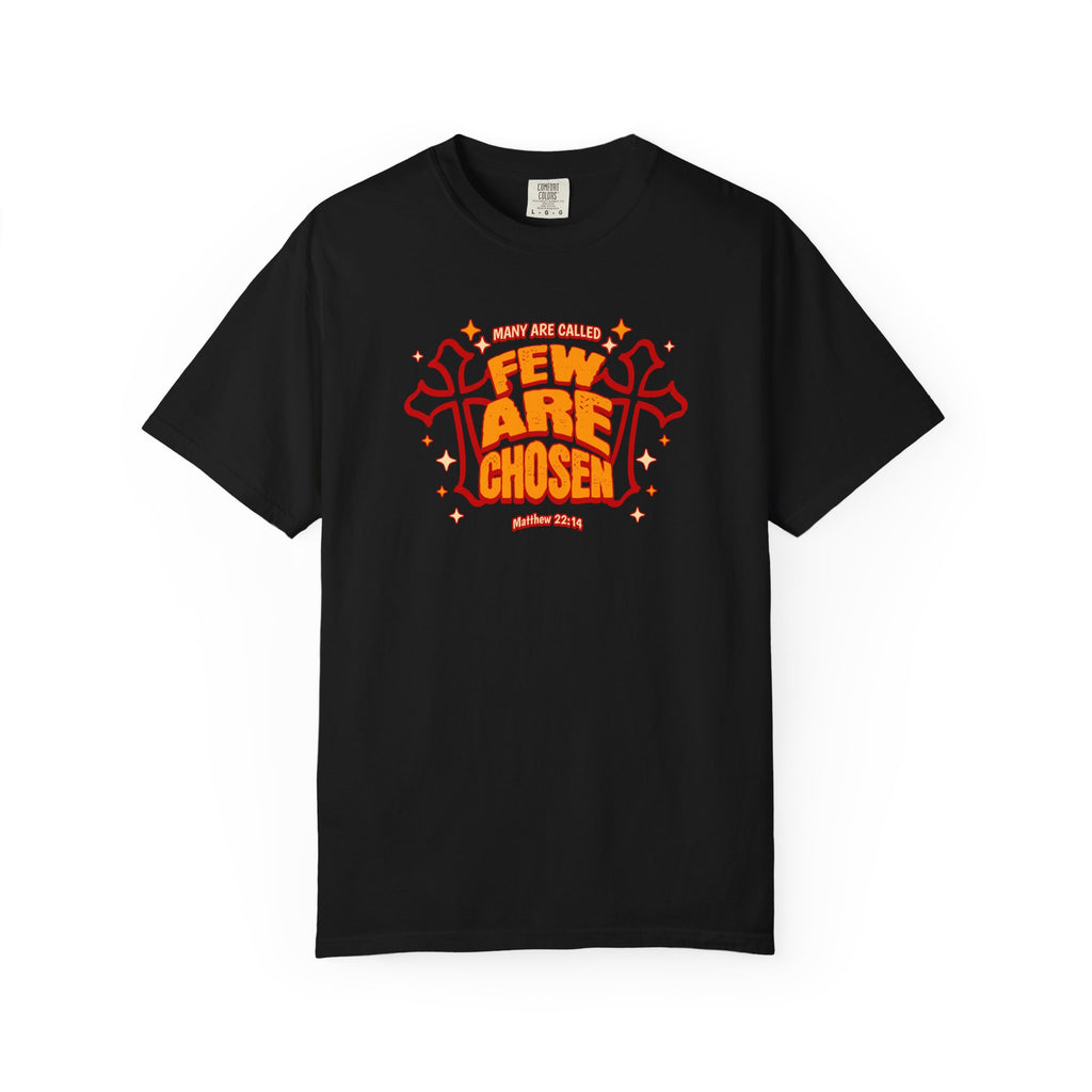 Black t-shirt with red and orange text and design on a white background