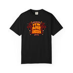 Black t-shirt with red and orange text and design on a white background