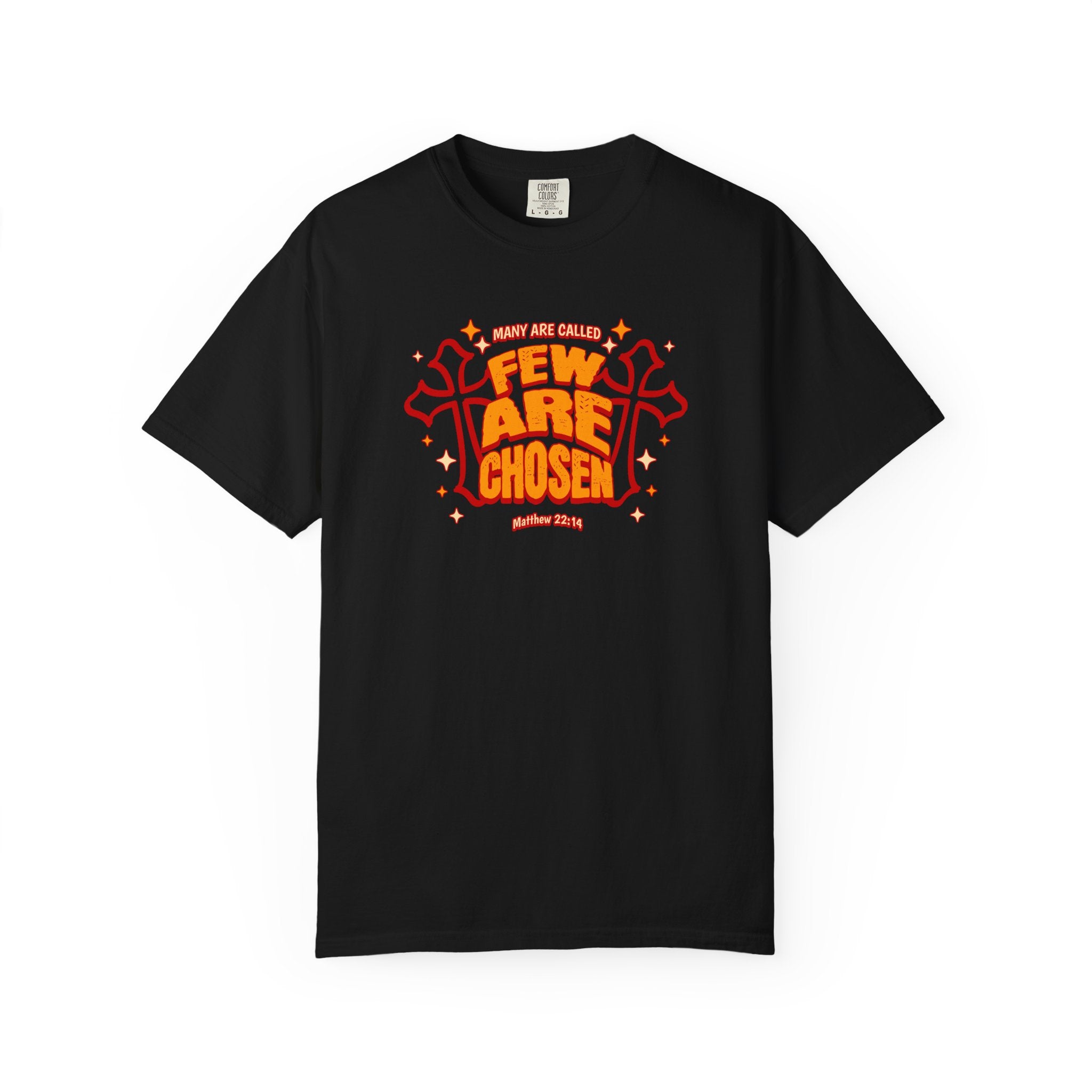 Black t-shirt with red and orange text and design on a white background
