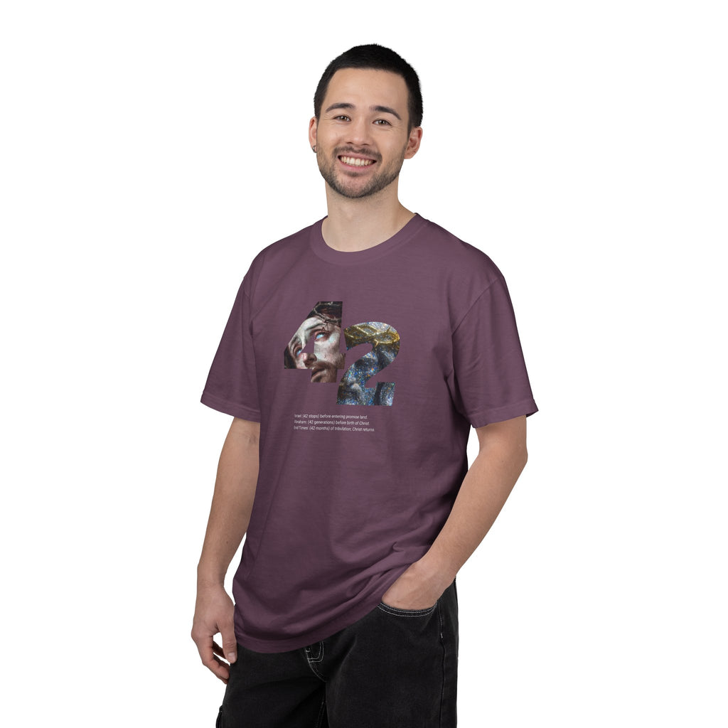 Man wearing a purple t-shirt with 'LUCKY' printed on it against a white background