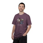 Man wearing a purple t-shirt with 'LUCKY' printed on it against a white background