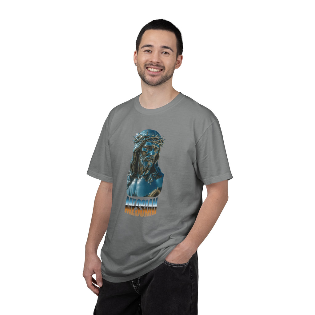 Man wearing a gray t-shirt with a graphic design on a white background