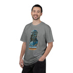 Man wearing a gray t-shirt with a graphic design on a white background