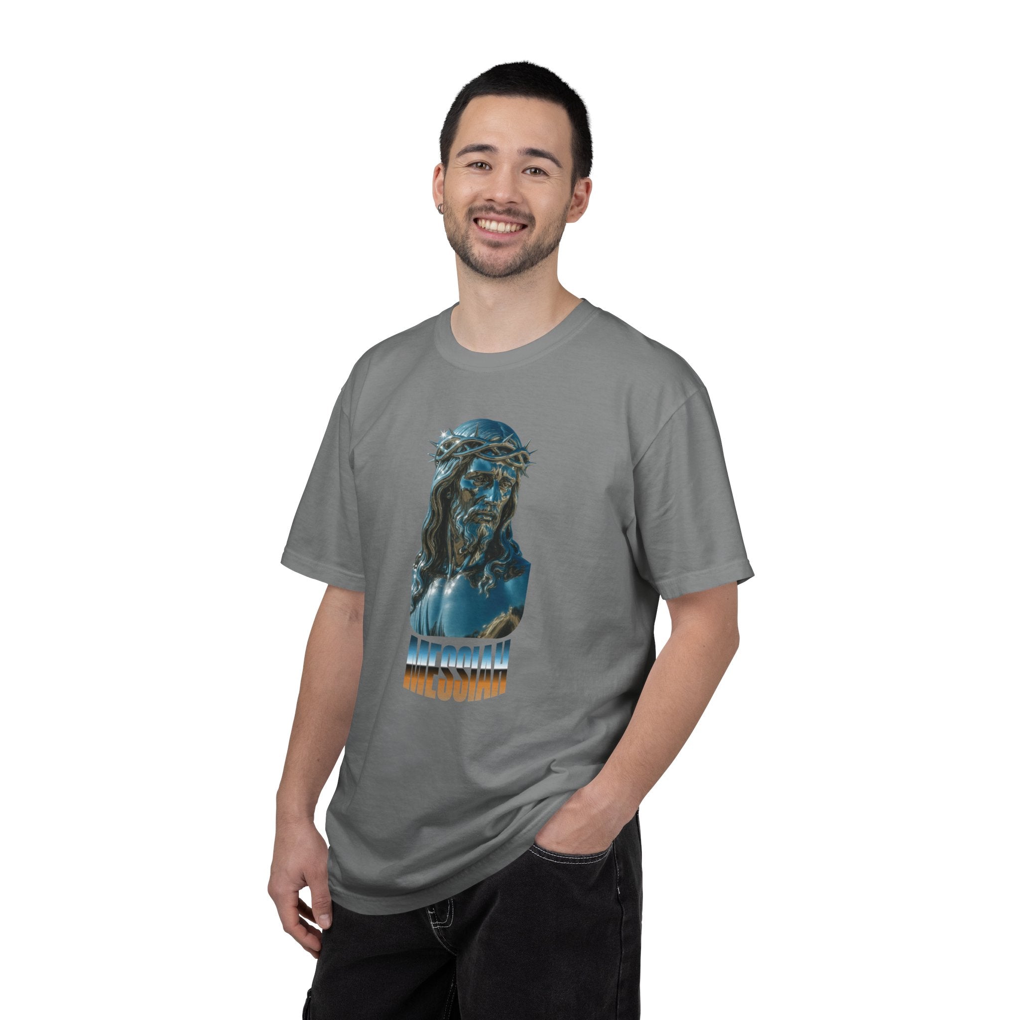 Man wearing a gray t-shirt with a graphic design on a white background