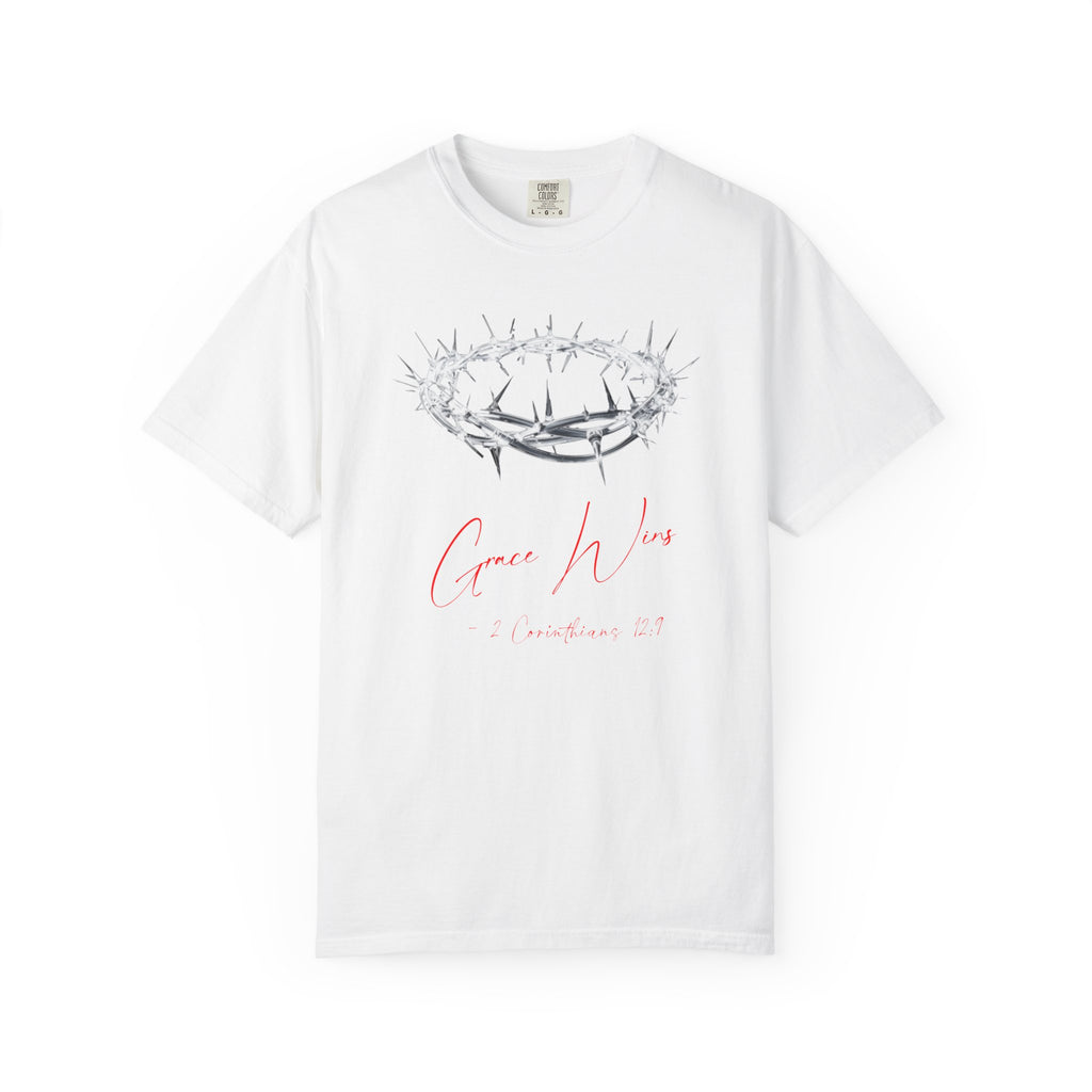 White t-shirt with a crown of thorns and 'Grace Wins' text on a white background