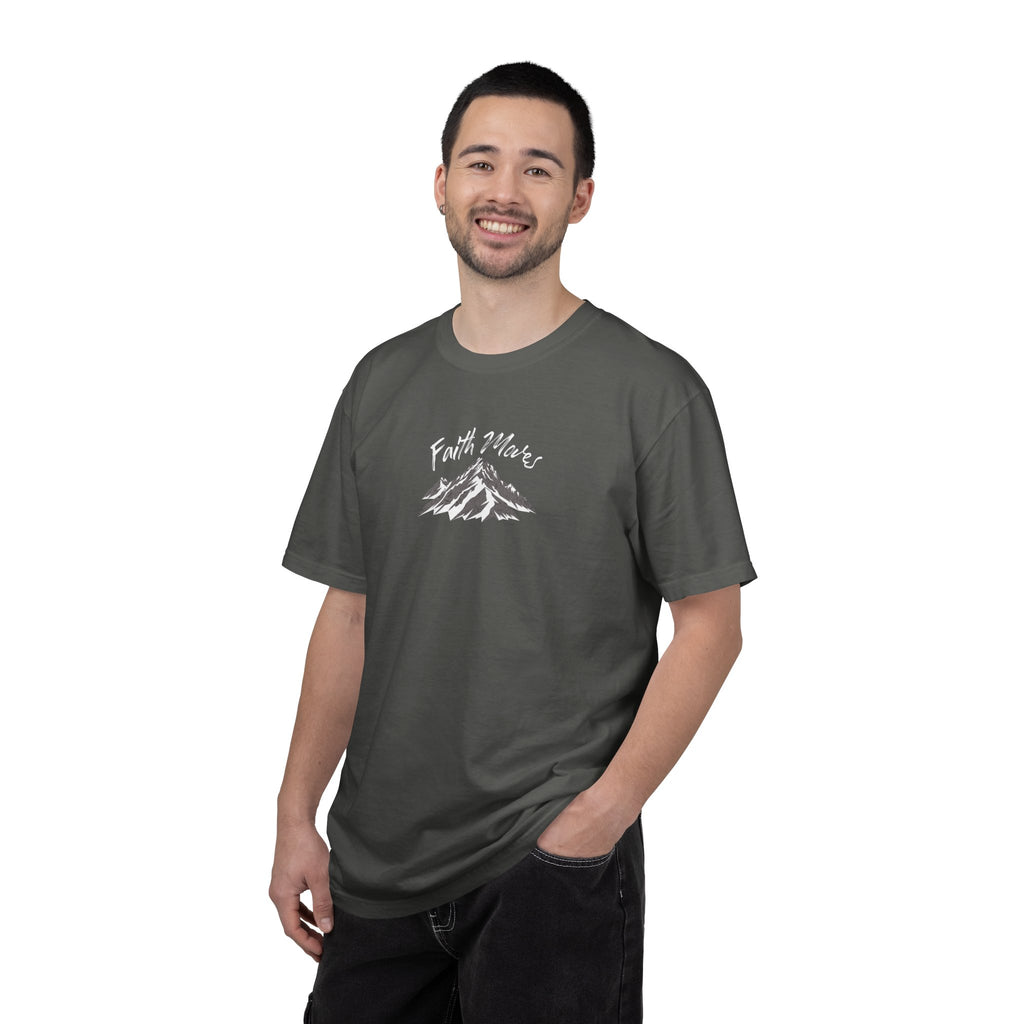 Man wearing a gray t-shirt with a logo on a white background