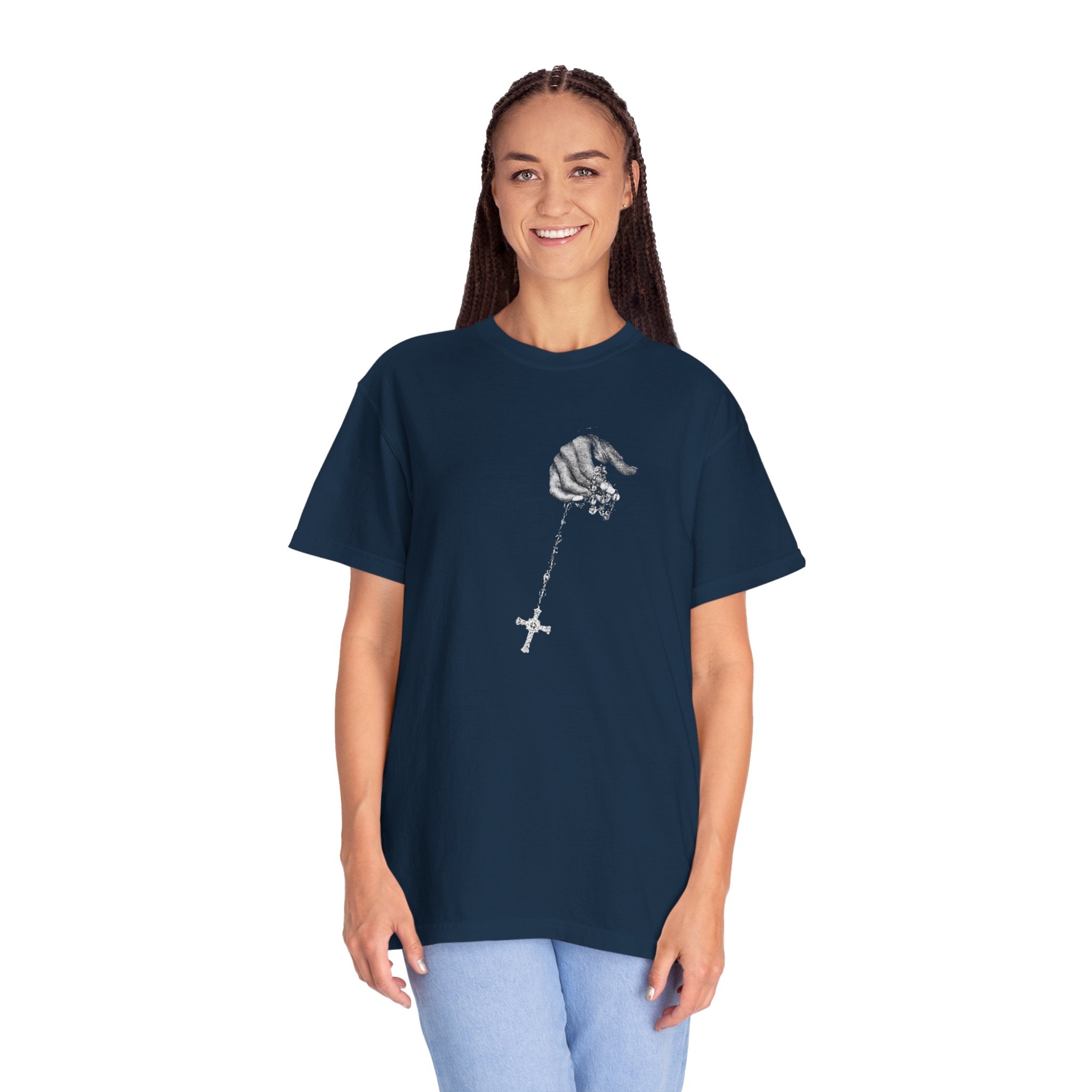 Person wearing a navy blue t-shirt with a graphic design on a white background