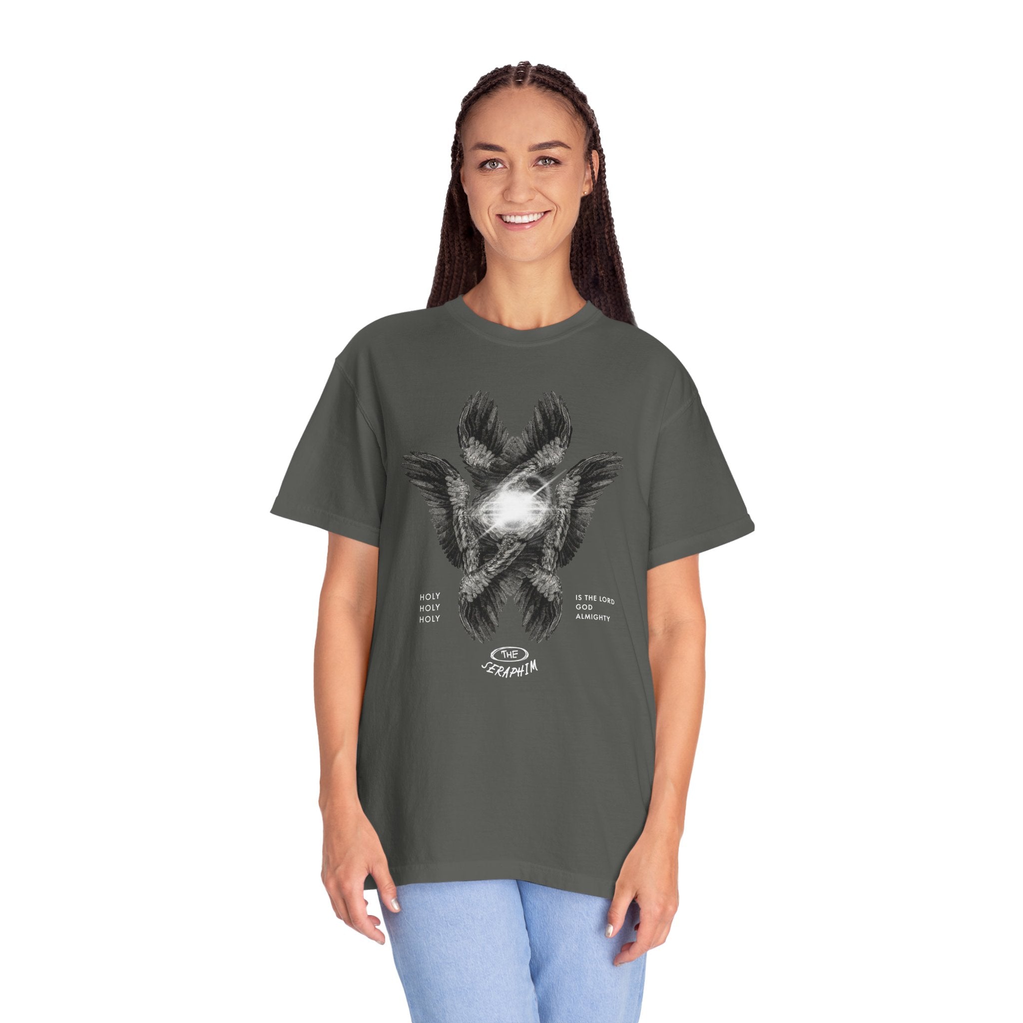Person wearing a dark gray t-shirt with a white graphic design on a white background